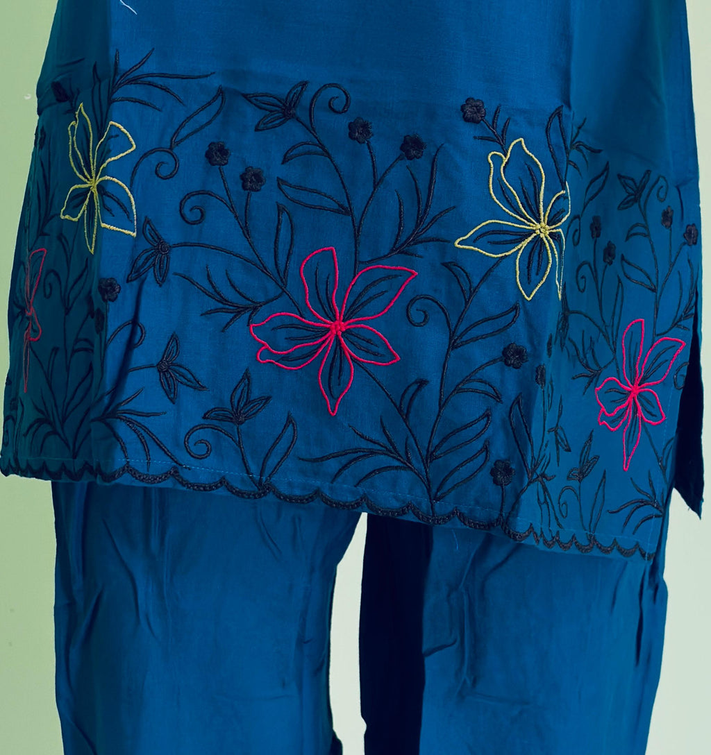 SHIHRI,Elegant Teal BlueSHIHRI Pure Cotton Co-Ord Set with Embroidered Detailing | Stylish Casual & Office Wear for Women