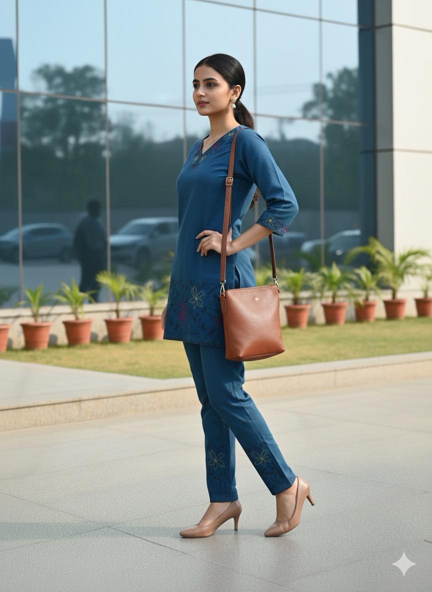 SHIHRI,Elegant Teal BlueSHIHRI Pure Cotton Co-Ord Set with Embroidered Detailing | Stylish Casual & Office Wear for Women