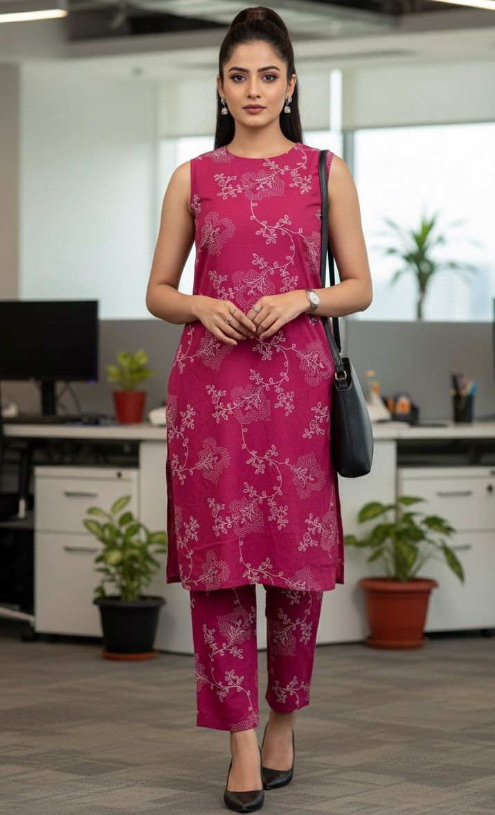 SHIHRI,Designer Magenta Floral Sleev & Sleeveless Kurta with Matching Pants - Co-ord Set