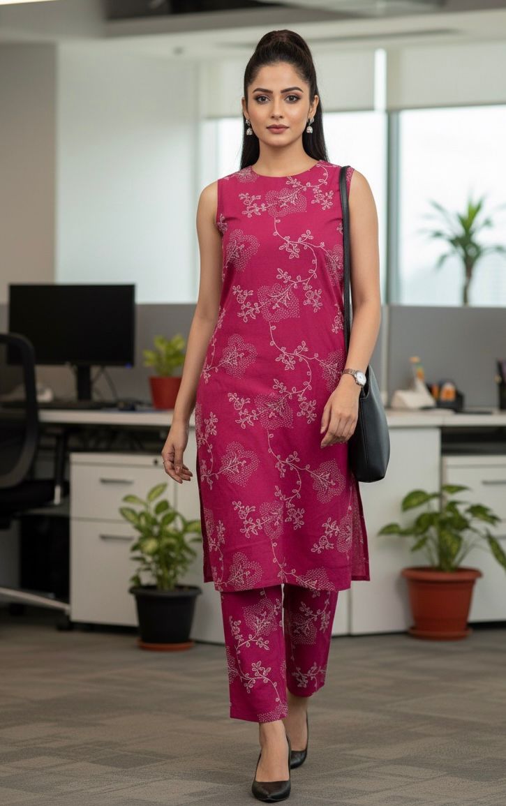 SHIHRI,Designer Magenta Floral Sleev & Sleeveless Kurta with Matching Pants - Co-ord Set