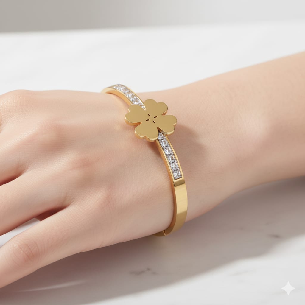 SHIHRI Luxury Stainless Steel Bracelet – Gold Clover Design with Sparkling Stones”