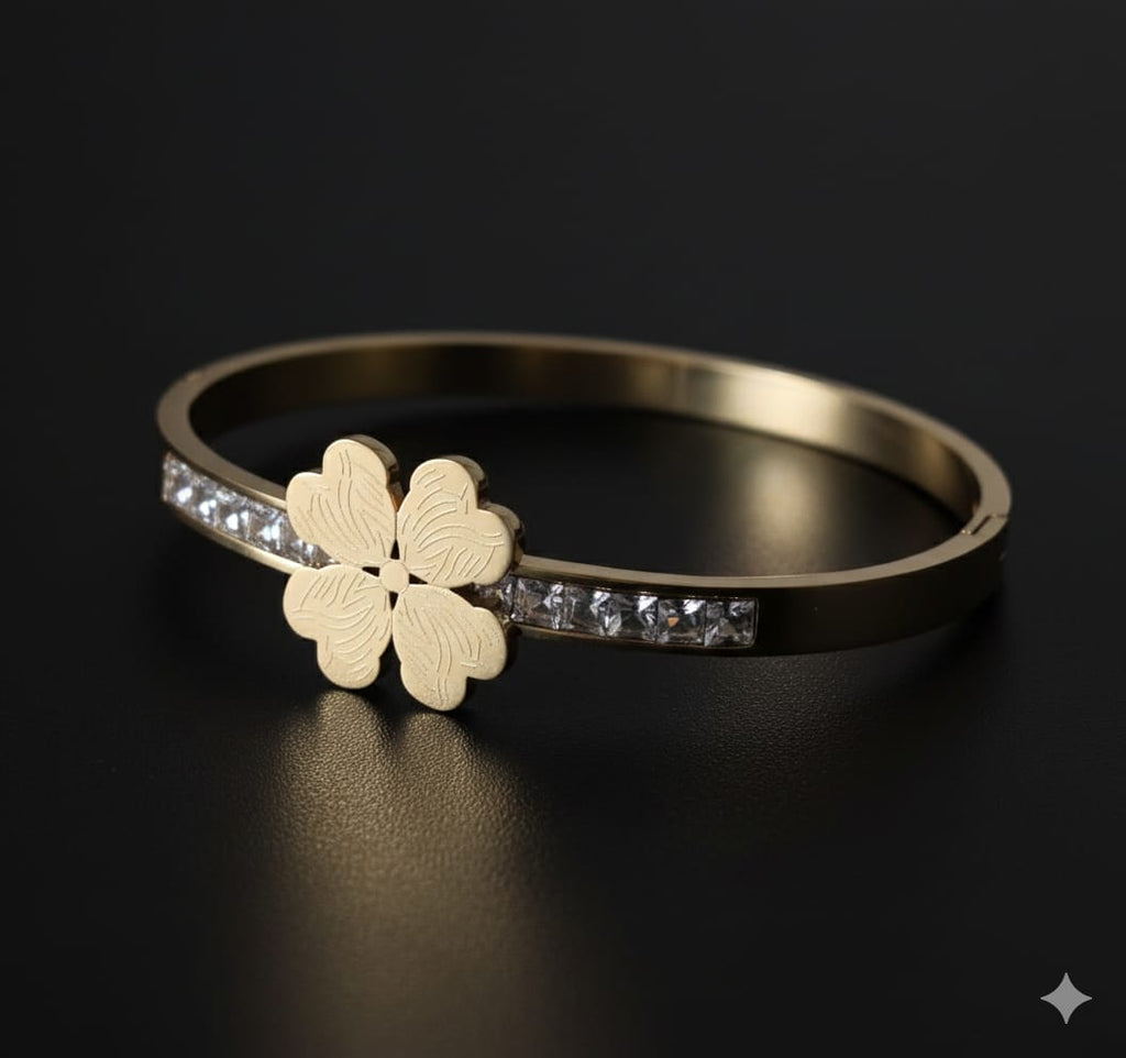 SHIHRI Luxury Stainless Steel Bracelet – Gold Clover Design with Sparkling Stones”