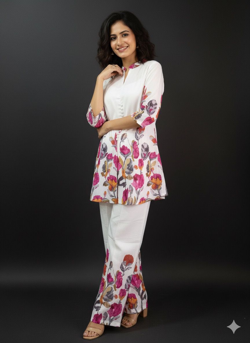 SHIHRI,Premium Rayon Cotton Floral Printed Co-ord (Set of 2)for Women – Elegant Summer Wear with Straight Pants & 3/4 Sleeves
