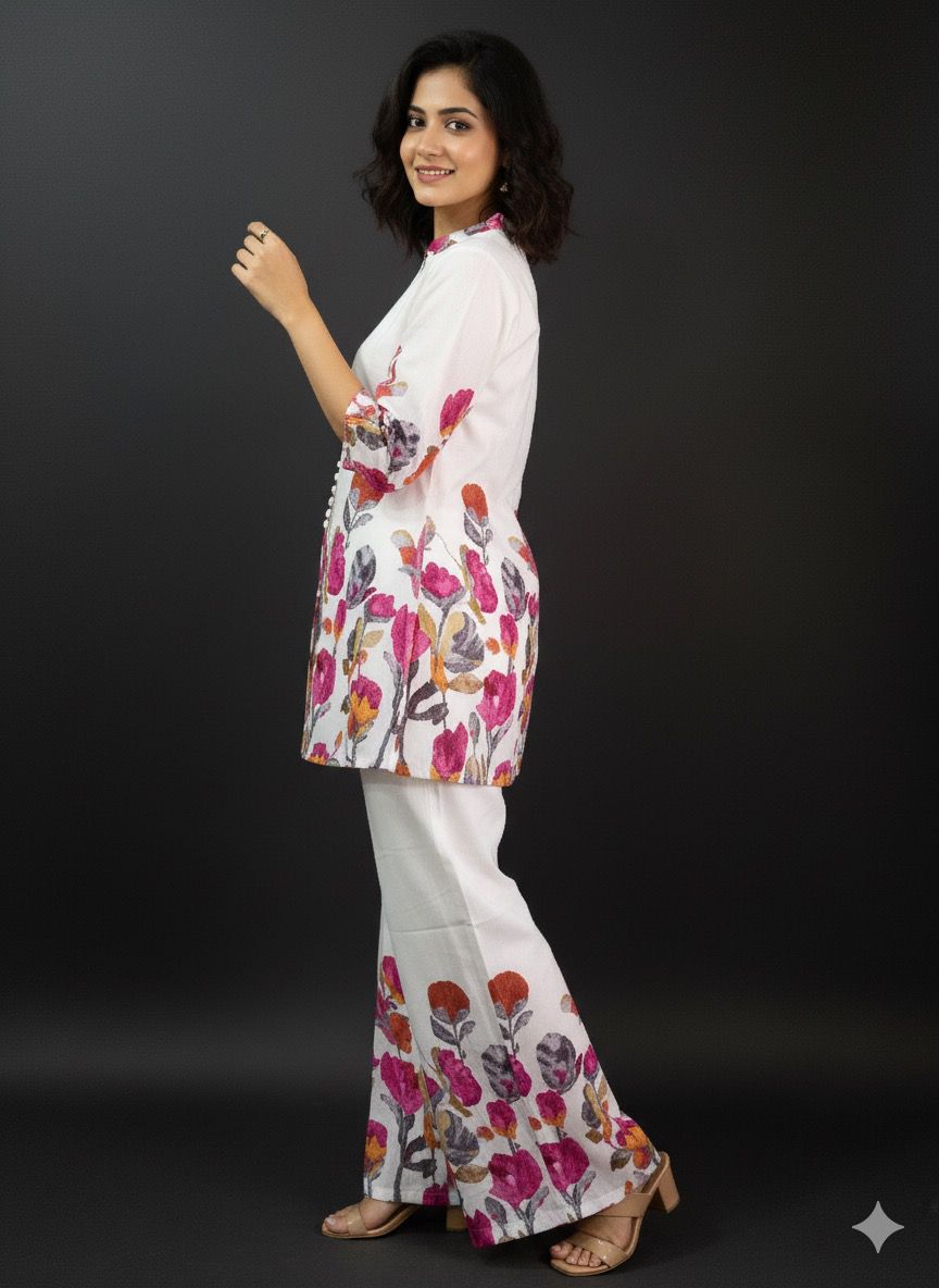 SHIHRI,Premium Rayon Cotton Floral Printed Co-ord (Set of 2)for Women – Elegant Summer Wear with Straight Pants & 3/4 Sleeves