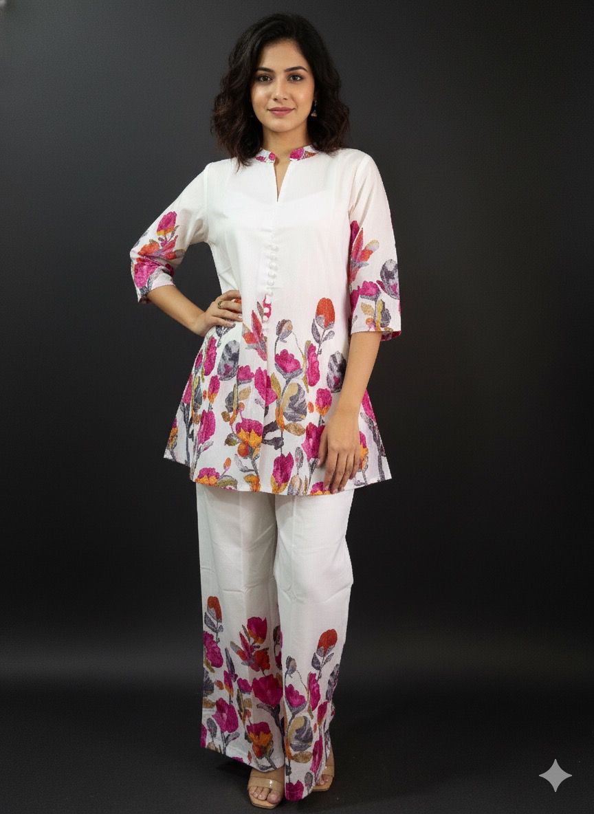 SHIHRI,Premium Rayon Cotton Floral Printed Co-ord (Set of 2)for Women – Elegant Summer Wear with Straight Pants & 3/4 Sleeves