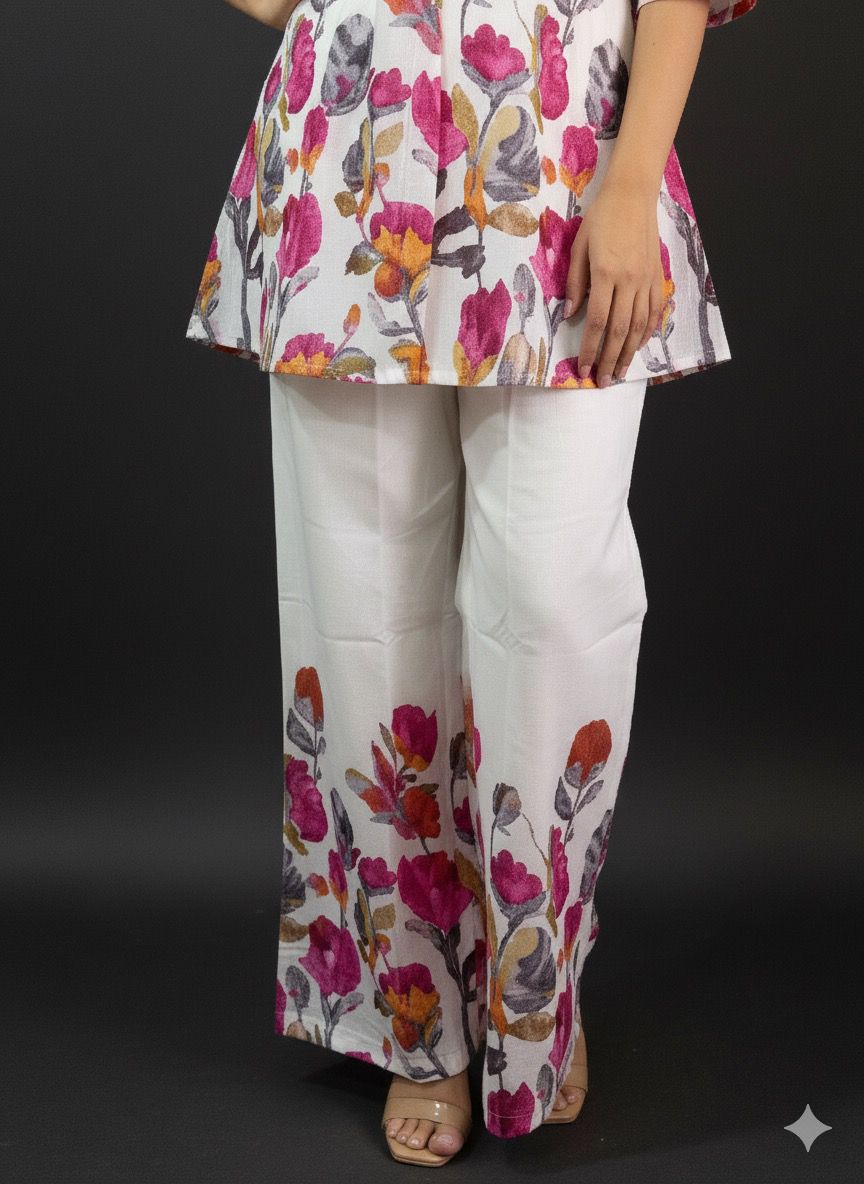SHIHRI,Premium Rayon Cotton Floral Printed Co-ord (Set of 2)for Women – Elegant Summer Wear with Straight Pants & 3/4 Sleeves